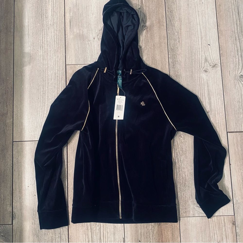 Ralph Lauren Black and Gold Velour Zip Up Size Women’s Medium NWT